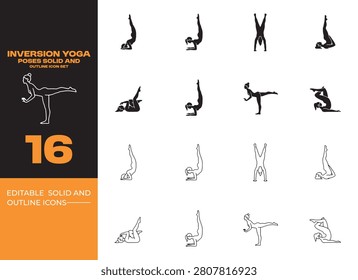 Inversion yoga poses solid and outline icons representing headstands, shoulder stands, balance control, flexibility, and advanced yoga training.