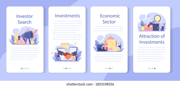 Inverstor search for start up mobile application banner set. New business investment and finance wealth idea. Sponsor support for innovative project. Isolated vector illustration in cartoon style