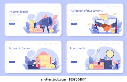 Inverstor search for start up web banner or landing page set. New business investment and finance wealth idea. Sponsor support for innovative project. Isolated vector illustration in cartoon style