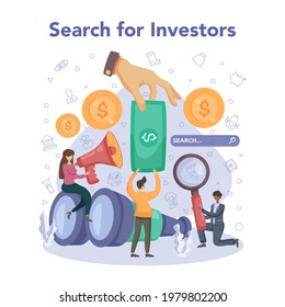 Inverstor searching for start up concept. New business investment and finance wealth idea. Sponsor support for innovative project. Isolated vector illustration in cartoon style