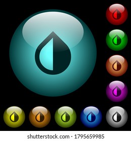 Invert colors icons in color illuminated spherical glass buttons on black background. Can be used to black or dark templates