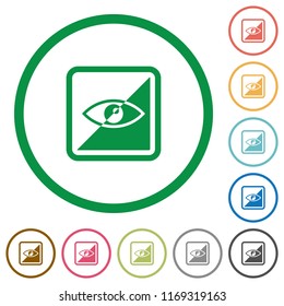 Invert object flat color icons in round outlines on white background