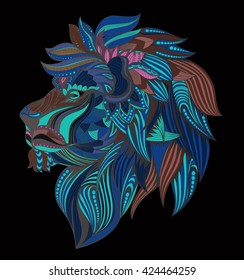 Invert patterned head of the lion on the grunge background. African / indian / totem / tattoo design. It may be used for design of a t-shirt, bag, postcard, a poster and so on.