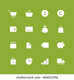 Invert shop and money vector icon set. Different white symbols on the colored background.