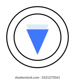 Triángulo azul invertido dentro de anillos negros concéntricos. Ideal para diseños geométricos, minimalismo moderno, temas tecnológicos, branding, interfaces digitales. Sencillo, limpio, estilo Vector.