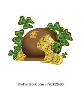 Inverted broken pot of leprechaun with gold coins. Thickets of clover. St.Patrick 's Day. Vector object, isolated on white background.
