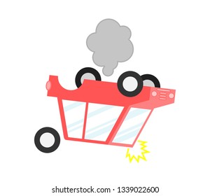 inverted car with smoke. accidents on the road and risk insured events Isolated on white background. Cartoon style. Vector Illustration.