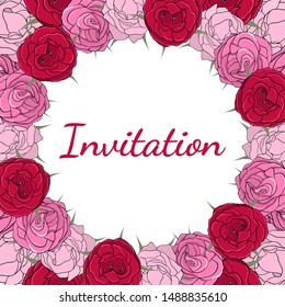 Inverted circle of pink and red roses. For cards and invitations design.