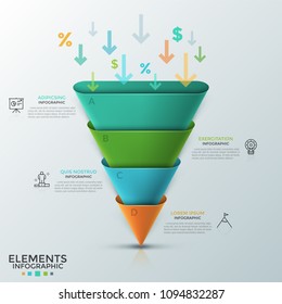 Inverted cone or rounded pyramid consisted of 4 colorful parts, arrows, percent and dollar symbols falling inside it, thin line icons and text boxes. Infographic design template. Vector illustration.