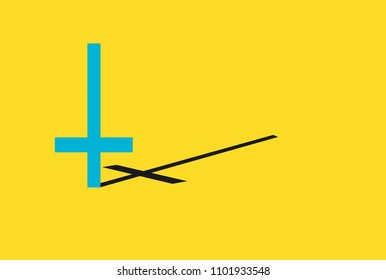 Inverted cross with the shadow, yellow background 