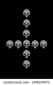 Inverted cross with skulls, black and white, vector illustration