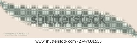 Inverted dots halftone retro styled graphic pattern smooth curved border ultra wide 32:9 aspect ratio vintage green vector abstract background. Half tone panoramic ultrawide format unusual abstraction