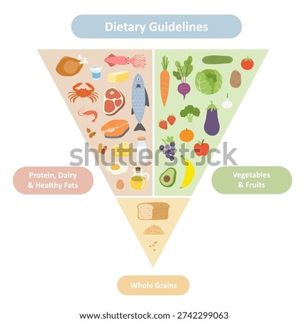 Inverted food pyramid featuring proteins, vegetables, fruits, and grains. This educational vector promotes a balanced diet and healthy nutrition in a clean, organized, and informative style.
