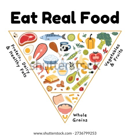 Inverted food pyramid focused on whole foods with quality proteins, healthy fats, vegetables, fruits and whole grains. Concept vector illustration inspired by modern WHO and US dietary guideline