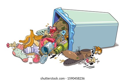 Inverted garbage basket. Overturned trash can. Funny cartoon character. Vector illustration. Isolated on white background