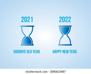 Inverted hourglasses on blue background. Time to finish and time to start. Hourglass. 2021 and 2022. Goodbye old year. Happy New Year. For banner, web sites, billboard and social media. blue gradient