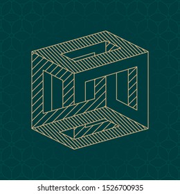 Inverted Irrational Cube Technical Draw Style Impossible Geometric Figure Inspired by Escher - Gold Isometric Object on Cube Pattern Wallpaper Background - Vector Outline Graphic Design