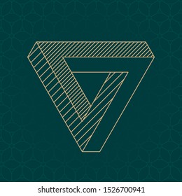 Inverted Mobius Triangle Loop Technical Draw Style Impossible Geometric Figure Inspired by Escher - Gold Isometric Object on Cube Pattern Wallpaper Background - Vector Outline Graphic Design