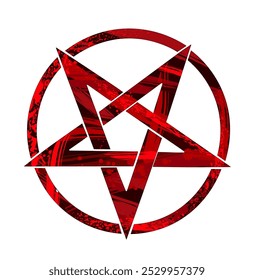 Inverted pentagram in circle, painted with textured red paint on white background. Occult symbol.