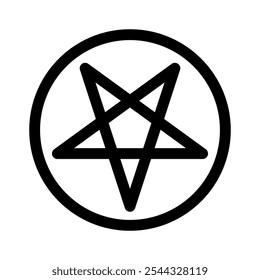 Pentagrama invertido circunscrito por um círculo. Sinal de estrela de cinco pontas. Símbolo mágico do satanismo. Ilustração simples em preto plano.