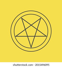 Inverted pentagram icon. Symbols of Satan and Satanism. A five-pointed star with two upward beams. Isolated vector object on yellow background with blue lines
