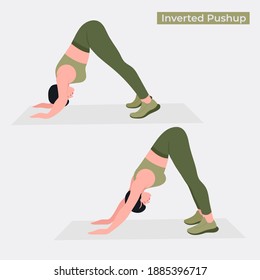 Inverted Pushup exercise, Women workout fitness, aerobic and exercises. Vector Illustration.