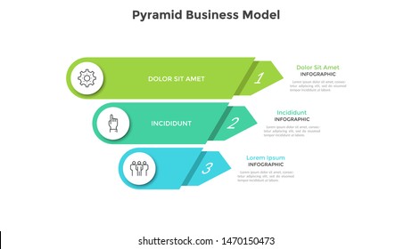 Invertierte Pyramide unterteilt in 3 farbige Teile oder Schichten. Konzept von drei Stufen oder Stufen des Geschäftsfortschritts. Kreative Infografik-Design-Vorlage. Volumetrische Vektorgrafik zur Präsentation.