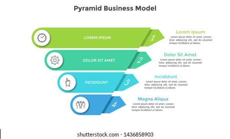 Pirámide invertida dividida en 4 partes o capas de color. Concepto de cuatro etapas o pasos del progreso del negocio. Plantilla de diseño gráfico creativo. Ilustración vectorial volumétrica para la presentación.