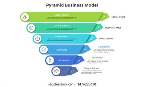 Inverted pyramid divided into 6 colorful parts or layers. Concept of six stages or steps of business progress. Creative infographic design template. Volumetric vector illustration for presentation.