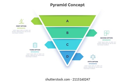 Inverted pyramid or funnel diagram with four layers and pointers. Concept of 4 levels of business development. Simple infographic design template. Modern flat vector illustration for presentation.