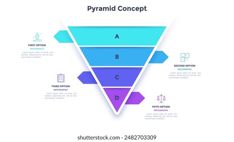 Inverted pyramid or funnel diagram with four layers and pointers. Concept of 4 levels of business development. Simple infographic design template. Modern flat vector illustration for presentation.