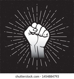 Inverted Raised Hand Clenched into Fist Symbolizing Power or Strength of Unity over Rays Circle Contrast Graphic Sign Template for Your Logo - White on Grunge Background - Vector Hand Drawn Design