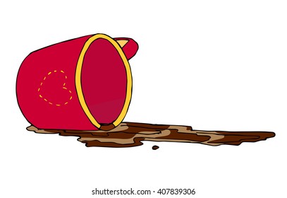 Inverted red cup and a spilled coffee.Hand drawn vector illustration.