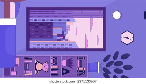 Inverted room cozy interior 2D cartoon background. Late afternoon bedroom turned 90 degrees colorful aesthetic vector illustration, nobody. Upside down house flat line wallpaper art, lofi image