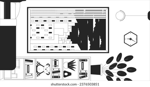 Inverted room cozy interior outline 2D cartoon background. Late afternoon bedroom turned 90 degrees linear aesthetic vector illustration. Upside down house flat wallpaper art, monochromatic lofi image