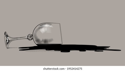 Inverted transparent wine glass and stain of spilled wine.  Black and white drawing in vintage engraving style. Vector illustration