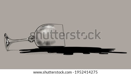 Inverted transparent wine glass and stain of spilled wine.  Black and white drawing in vintage engraving style. Vector illustration