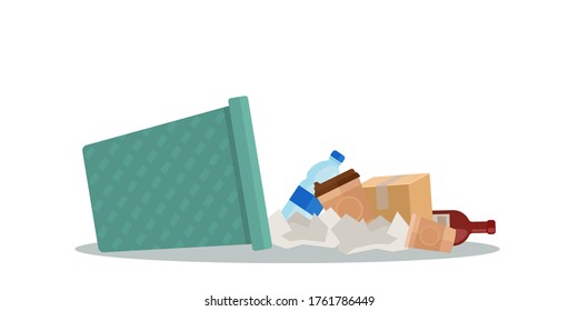 Inverted trash can, trash lies on the floor. Plastic bottles, papers and boxes in the garbage bin. Vector illustration, flat design, cartoon style. Isolated on white background.