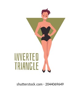 Inverted triangle body shape - cartoon woman with figure type of slim waist and wide shoulders. Vector illustration of girl with triangular silhouette posing in swimsuit