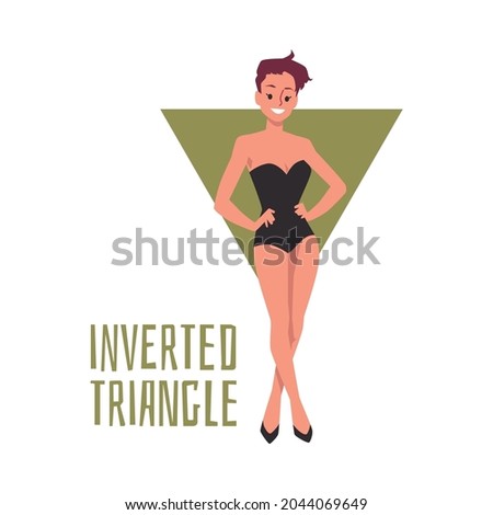 Inverted triangle body shape - cartoon woman with figure type of slim waist and wide shoulders. Vector illustration of girl with triangular silhouette posing in swimsuit