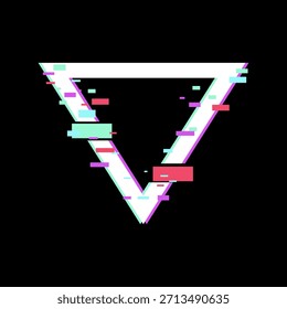 Forma digital del triángulo invertido que muestra un efecto moderno del arte del glitch con los Elementos pixelados coloridos y la corrupción de datos en un fondo negro limpio, que representa los temas cibernéticos