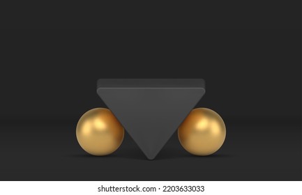 Inverted triangle golden sphere abstract geometric podium black studio background realistic vector illustration. Geometry figure three side base foundation architecture pedestal triangular decor stage