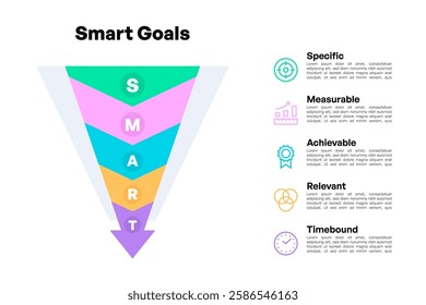 Inverted Triangle SMART Goals Funnel Diagram with Arrowhead Design Vector Illustration