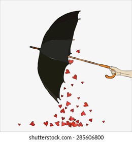 The inverted umbrella with hearts. Valentine's Day. The hand holds a black umbrella. Vector. Hearts falling from the umbrella.