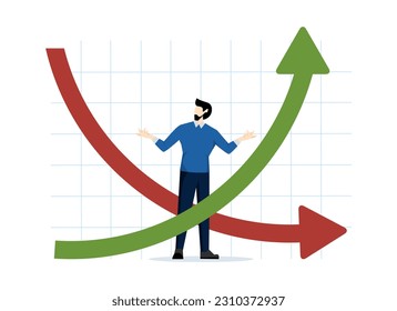 inverted yield curve. Inflation, recession, government bond yields. Investor businessman confused looking at inverted curve chart. flat vector illustration on a white background.