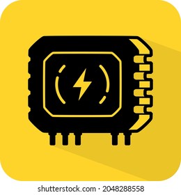 Icono del inversor. Dispositivo emergente AC DC. Controlador eléctrico. Piezas de EV o del sistema solar. Transformador de alta tensión. Disyuntiva de baja. Ilustración vectorial de color negro y amarillo.