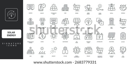 Inverter and smart meter, portable charger thin black and red outline symbols vector illustration Solar energy, photovoltaic panel project, installation on rooftop and repair, cleaning line icon set.