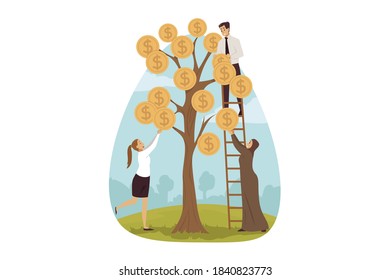 Invesment, business, profit, growth, development concept. Team of businessman and woman manager grow coin cash tree raising personal profit together. Coworking successful investments and money income