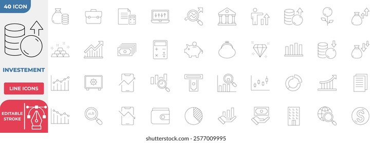 Invesment Collection Icon Set. Containing Pension fund, profit growth, piggy bank, finance capital, and more. Editable Stroke. Vector illustration.