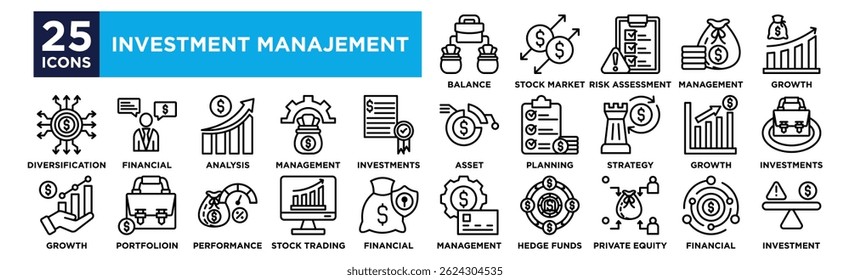 Invesment manajement icon collection set. Containing design Portfolio Balance ,Stock Market ,Risk Assessment ,Fund Management ,Wealth Growth